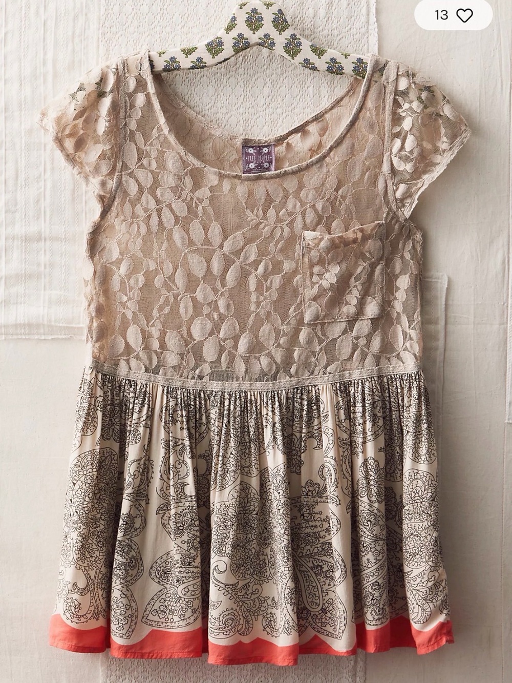 VTG Free People Vintage: The Originals Lace And Cotton Printed Tee Y2K babydoll